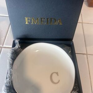 White Porcelain Monogram 'C' Decorative Dish with Gold Trim